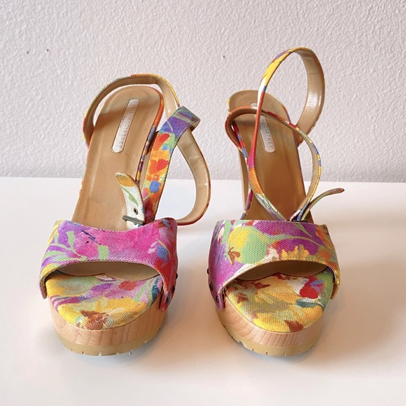 STELLA MCCARTNEY Floral Canvas & Wooden Platform Heels Sandals SZ 40 - Picture 5 of 11